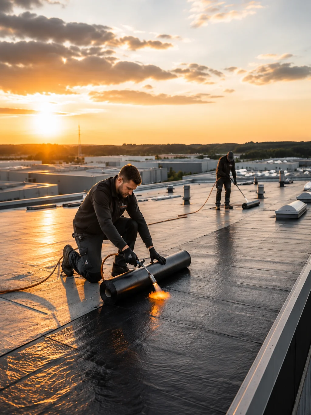 Dachdecker bei Flachdach-Abdichtung im Sonnenuntergang